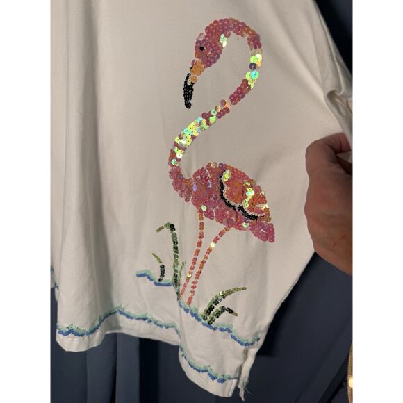 Quacker Factory White Flamingo Shirt Women’s 2X – Sequin Tropical Summer Top - Picture 4 of 5